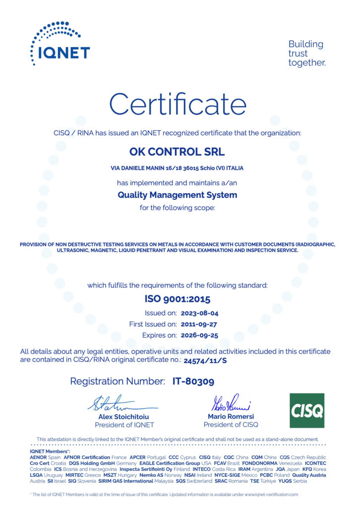 ISO 9001-2015 certificato IQ NET SCAD 2026